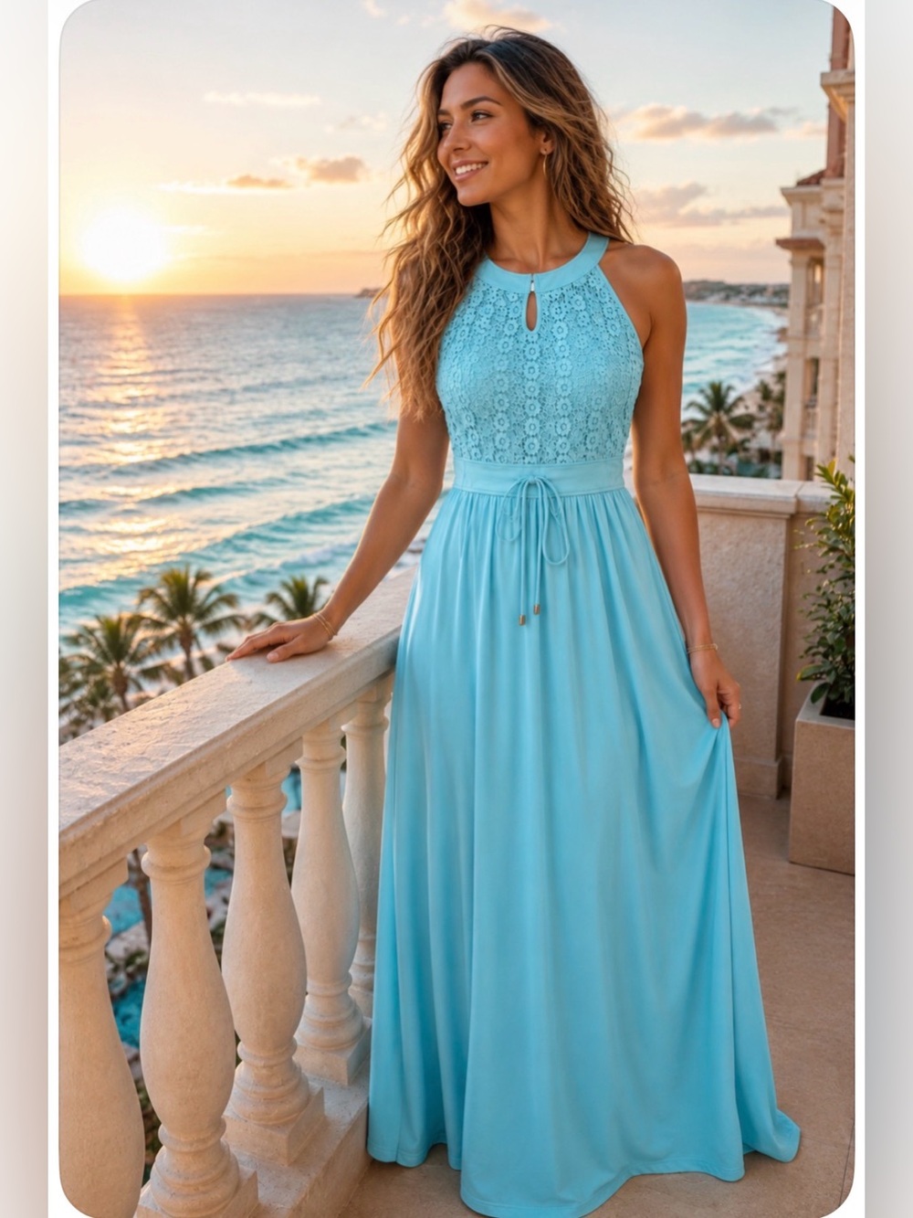🩵 Sleeveless Aqua Halter Lace Maxi Dress - size 4